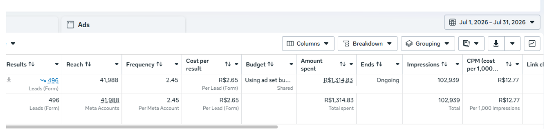 Meta Ads Manager — Campaign Performance — Case 01, Real Estate